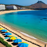 카나리아제도 환경 문제 - **Prompt:** A once-pristine, now heavily overcrowded beach in the Canary Islands during peak tourist...