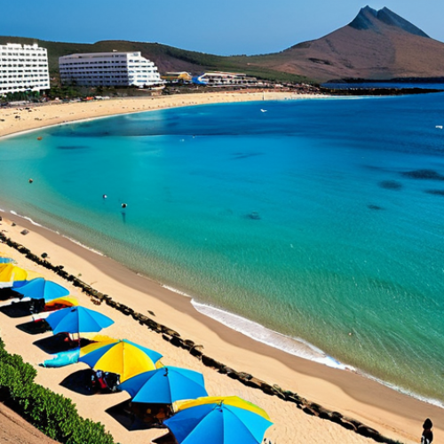카나리아제도 환경 문제 - **Prompt:** A once-pristine, now heavily overcrowded beach in the Canary Islands during peak tourist...