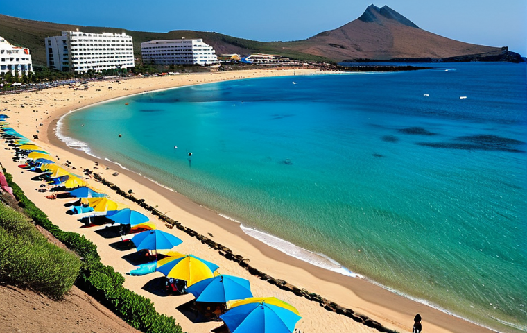 카나리아제도 환경 문제 - **Prompt:** A once-pristine, now heavily overcrowded beach in the Canary Islands during peak tourist...